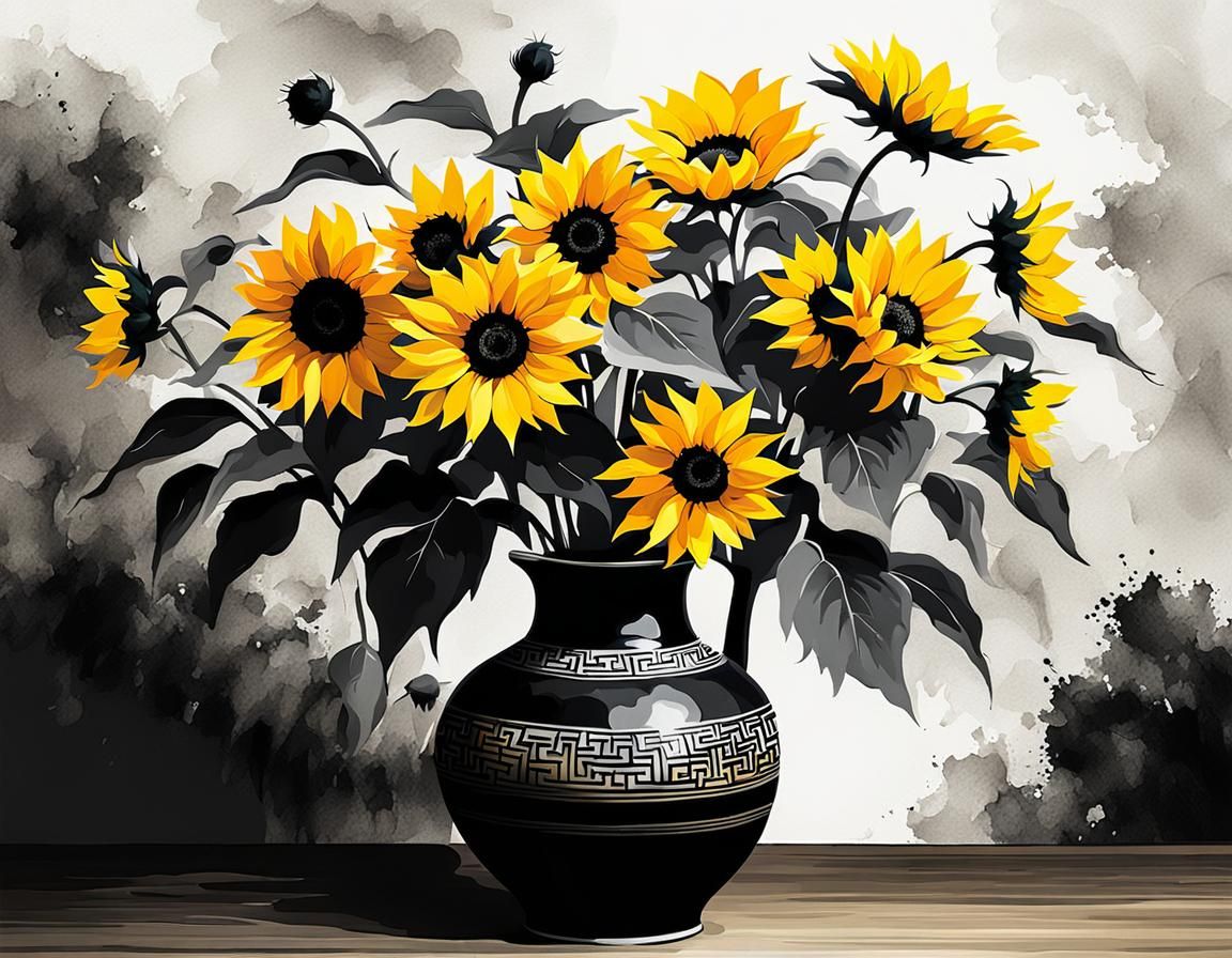 Sunflower Bouquet in Chinese Ink Painting Style
