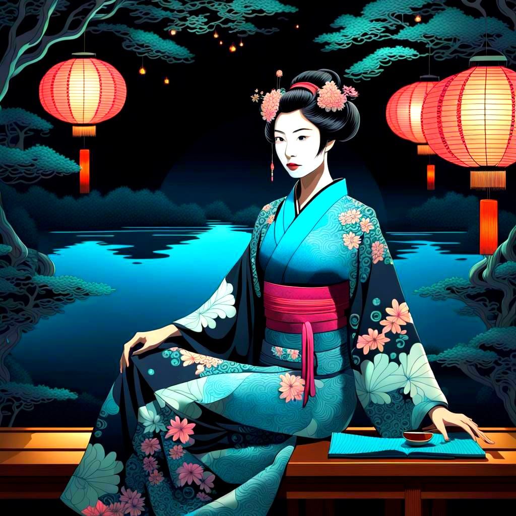 Bioluminescent Geisha in Tea Room: Abstract Fractal Art