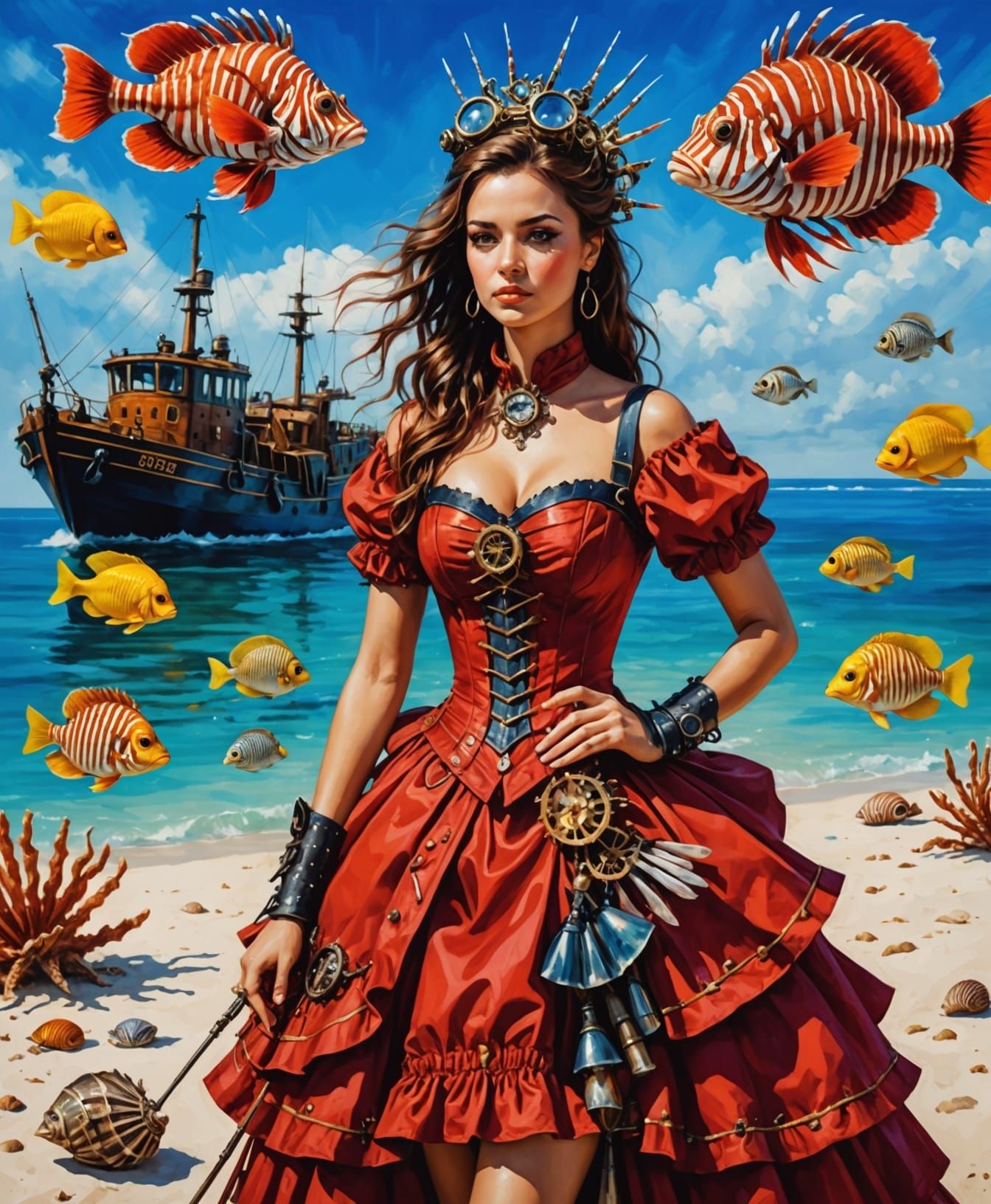 Steampunk Beach Scene with Red Lionfish in Elegant Red Dress