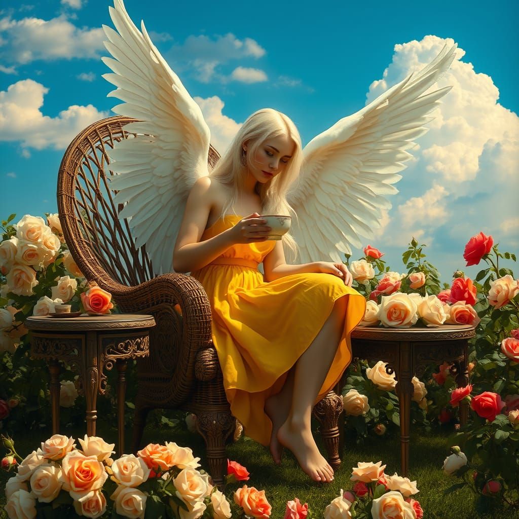 Ethereal Angel in a Garden Oasis