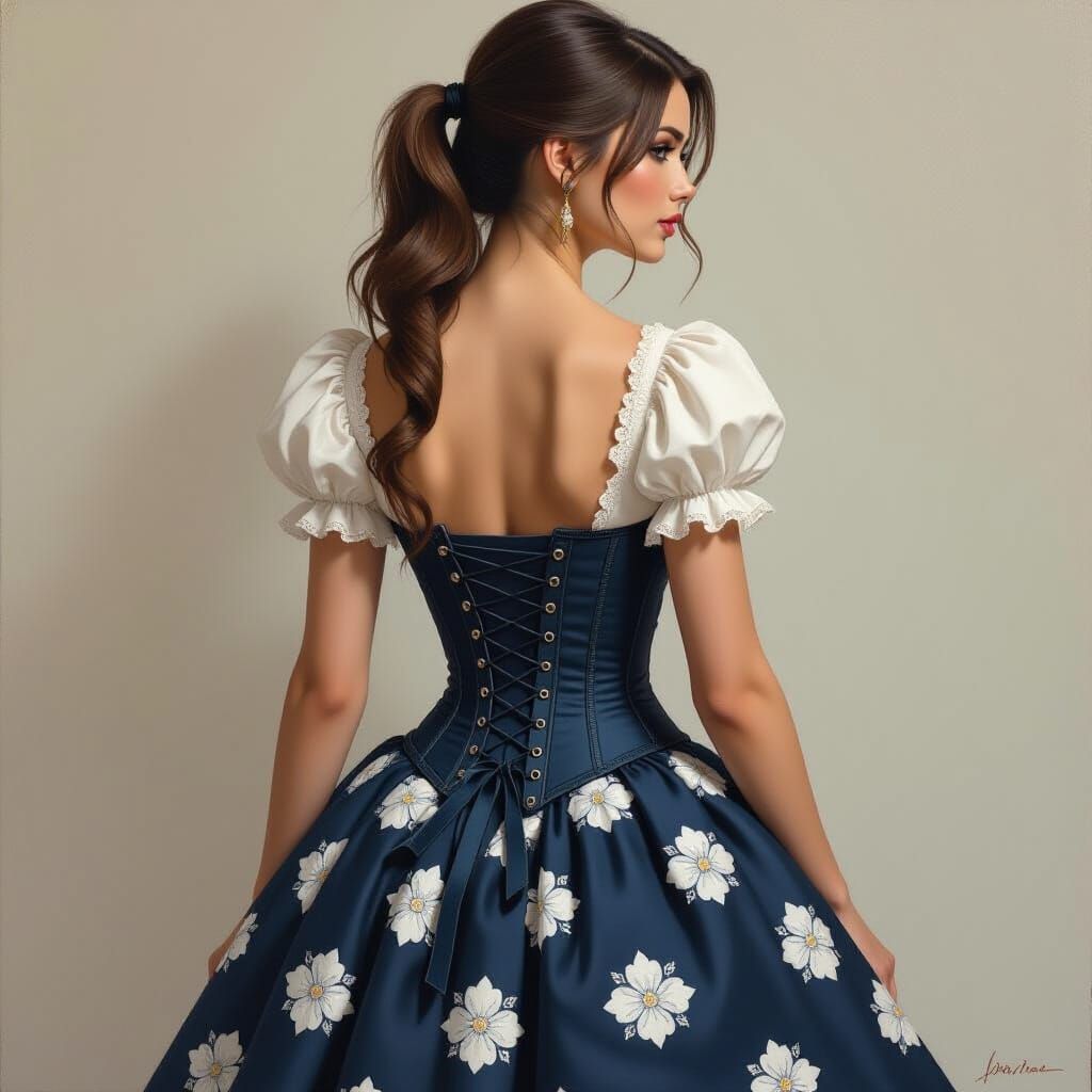 Woman in Floral Skirt: Fantasy Oil Painting