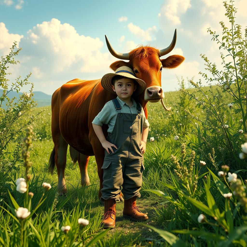 Boy Farmer and Cow in Whimsical Landscape