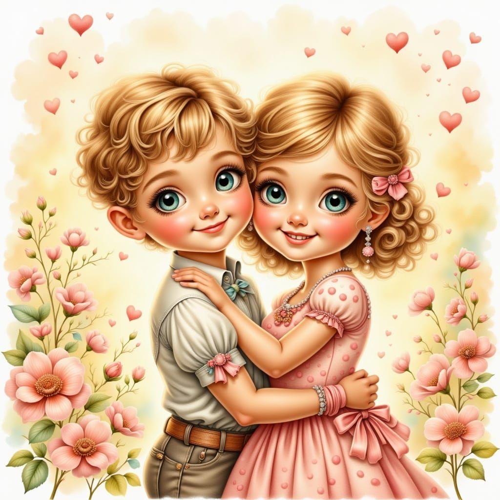 Retro Portrait: Boy Embraces Pin-Up Girl with Hearts