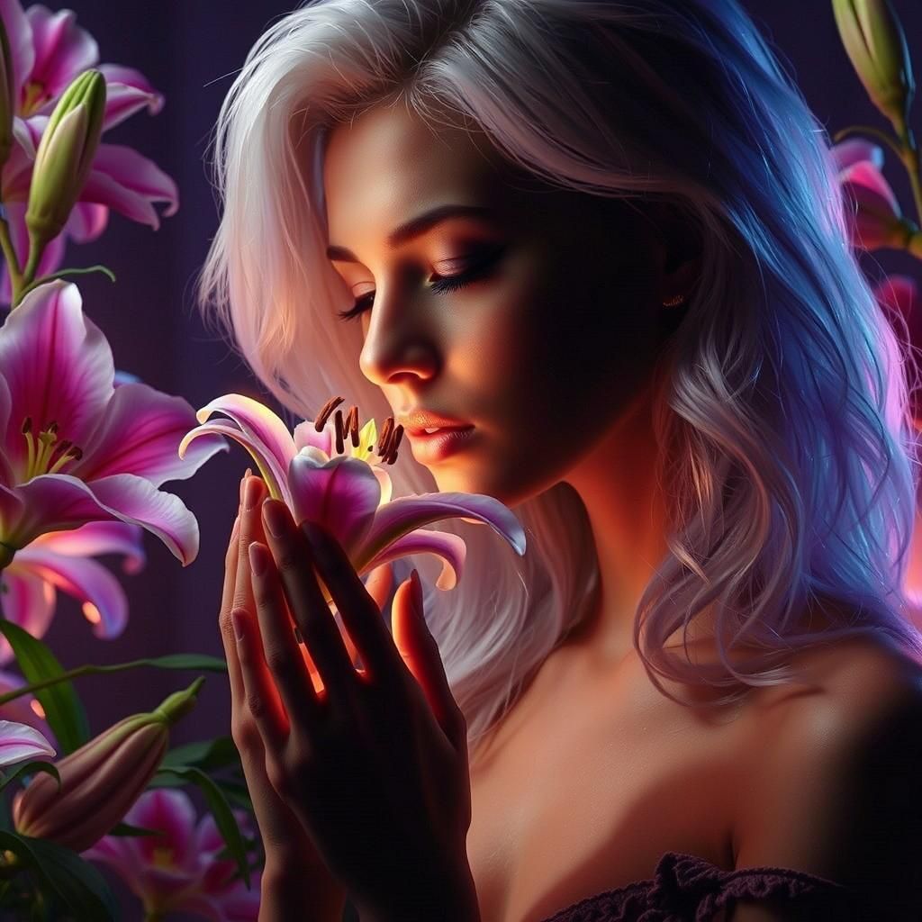 Woman with White Hair Smelling Purple Lily