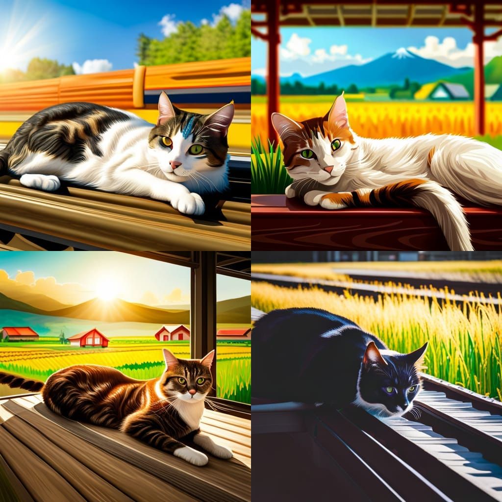 Cat Lounging in Japanese Countryside Art