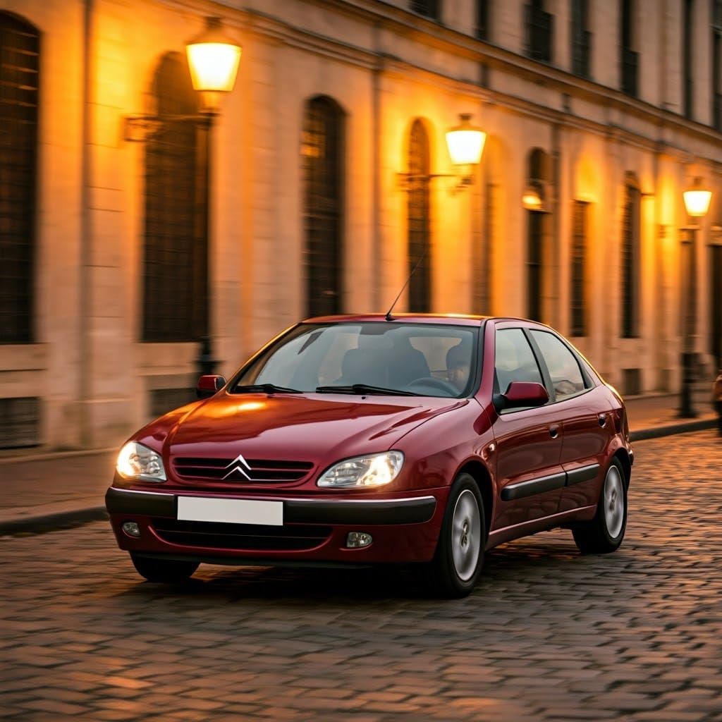 Burgundy Citroen Xsara on Deserted Cobblestone Street