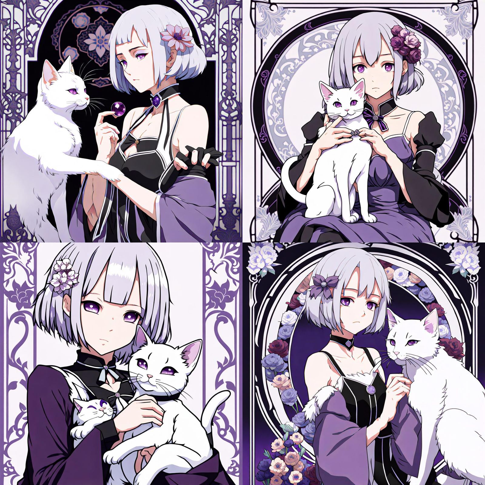 Rem from RE:Zero Petting a Cat in Art Nouveau