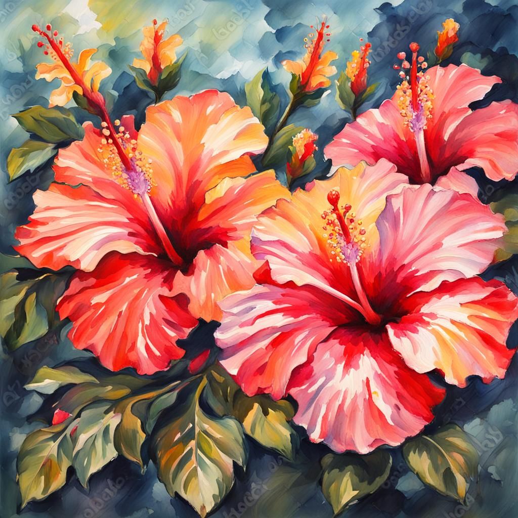 Hibiscus Flowers in Gouache Watercolor Style