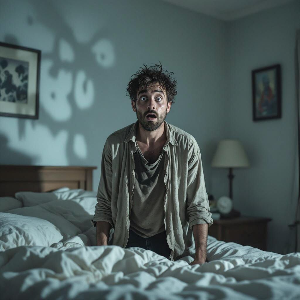 Frightened Man in Giger-esque Bedroom