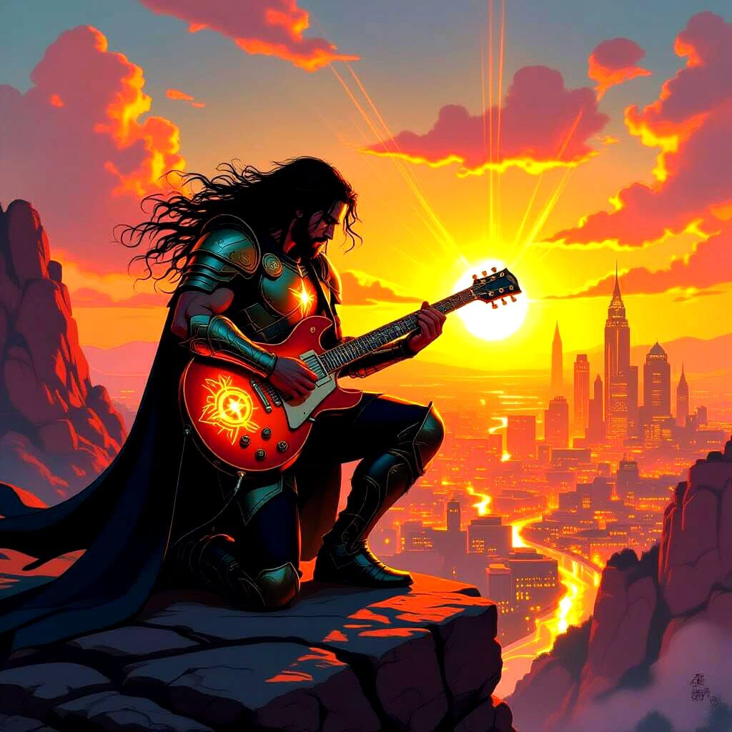 Metal Guitarist Overlooking Zion in Comic Book Style