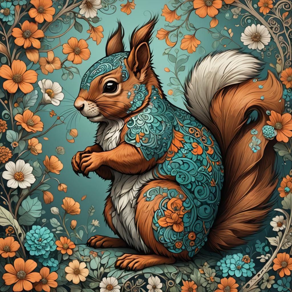 Zentangle Squirrel with Flowers in Art Nouveau Style