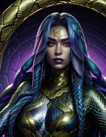 Snake Queen with Iridescent Scales in Fantasy Lair