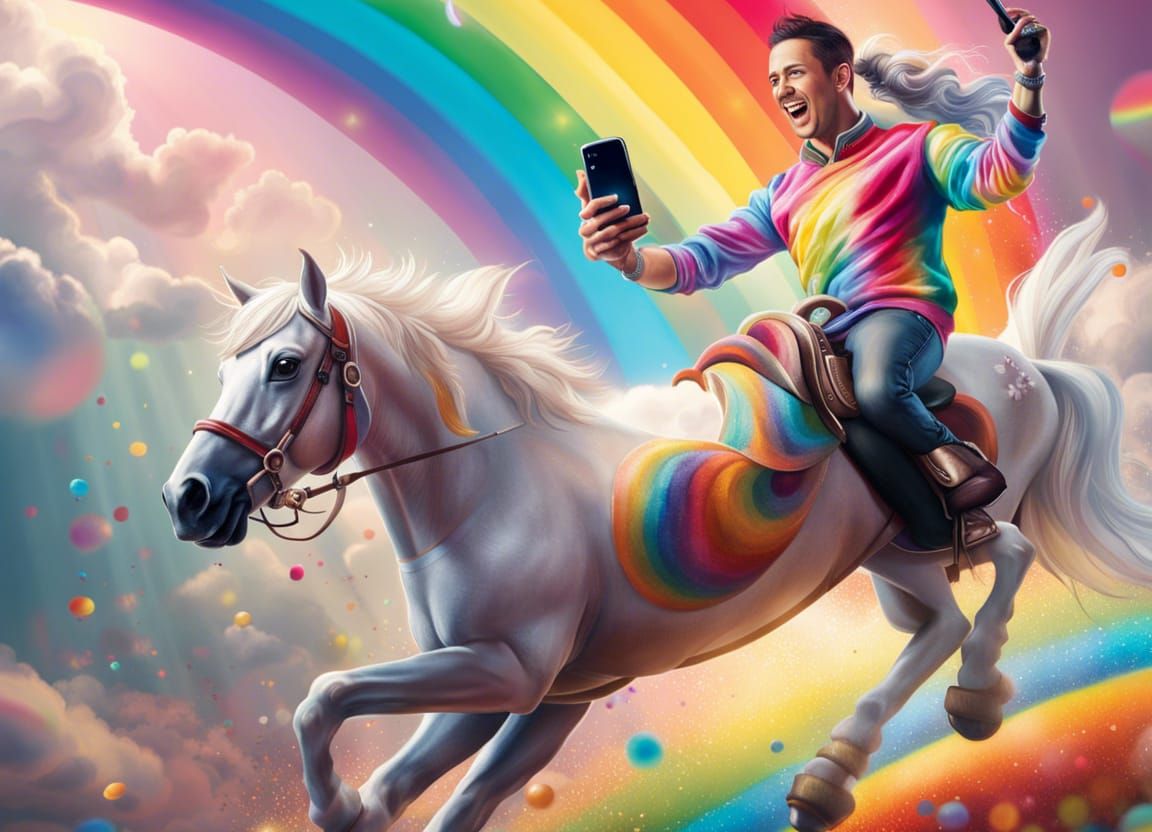 Selfie on Rainbow Unicorn: Hyperrealistic Fantasy Art