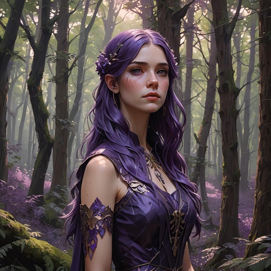 Teenage Girl with Violet Eyes in Forest, Digital Portrait