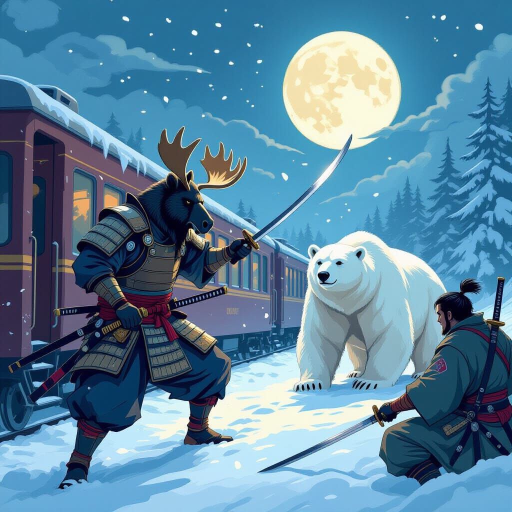 Moose Ninja Duel in Cel-Shaded Fantasy Style