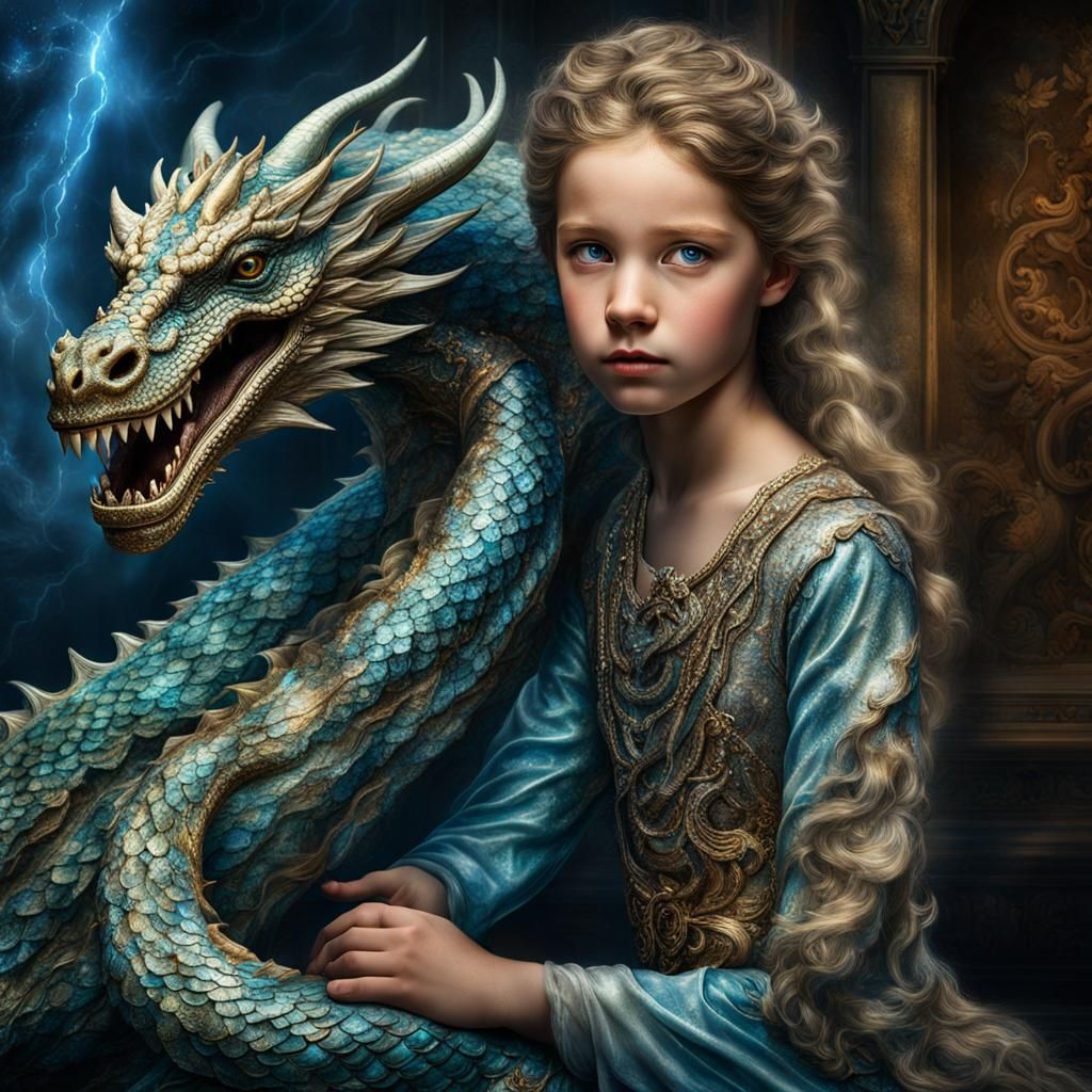 Queen of Atlantis with Dragon: Hyperrealistic Portrait