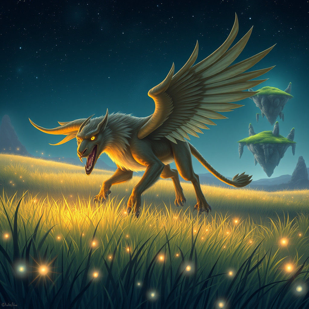 Griffin Grazing on Bioluminescent Grassland