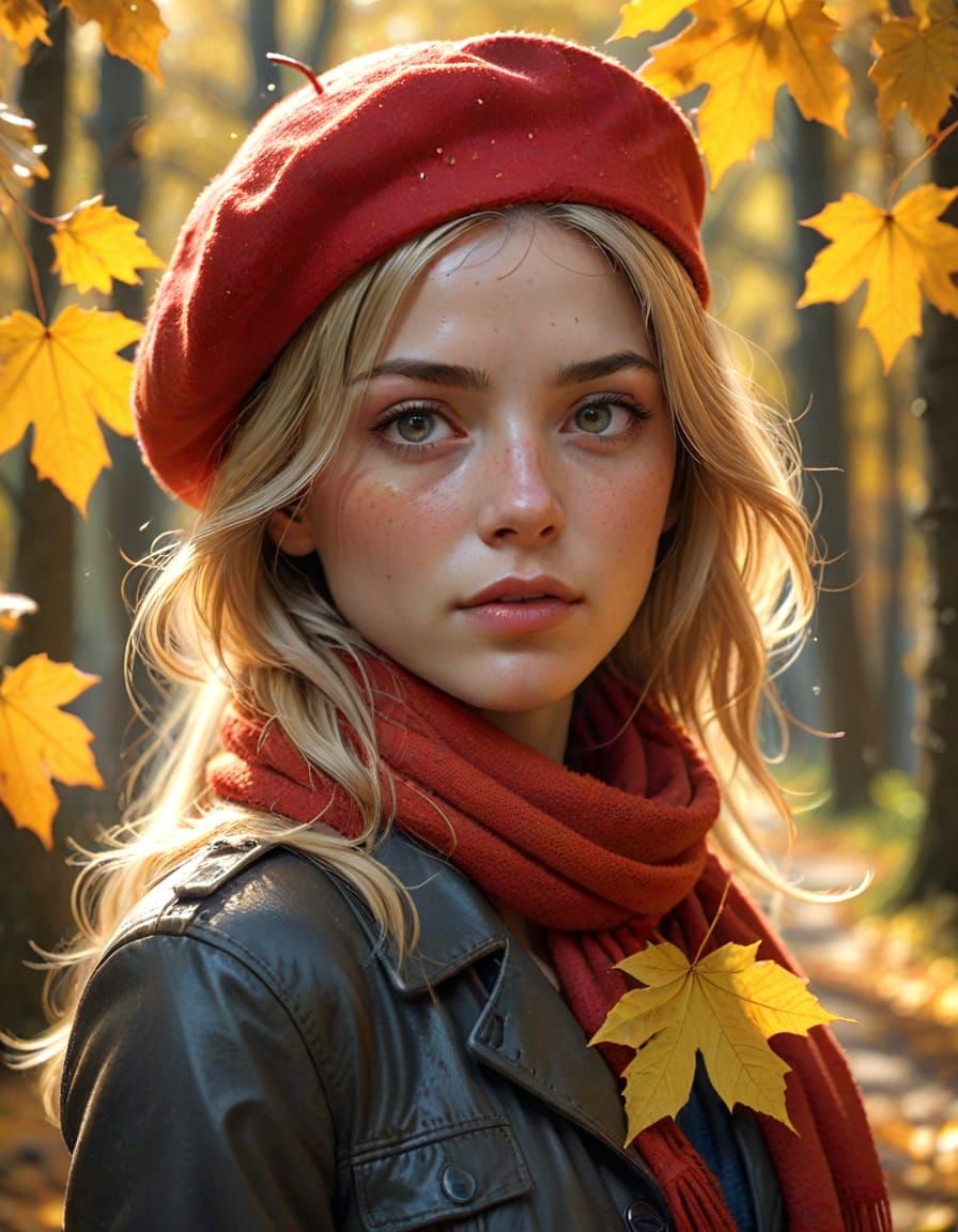 Gorgeous Woman Strolls Through Autumn Forest in Photorealist...