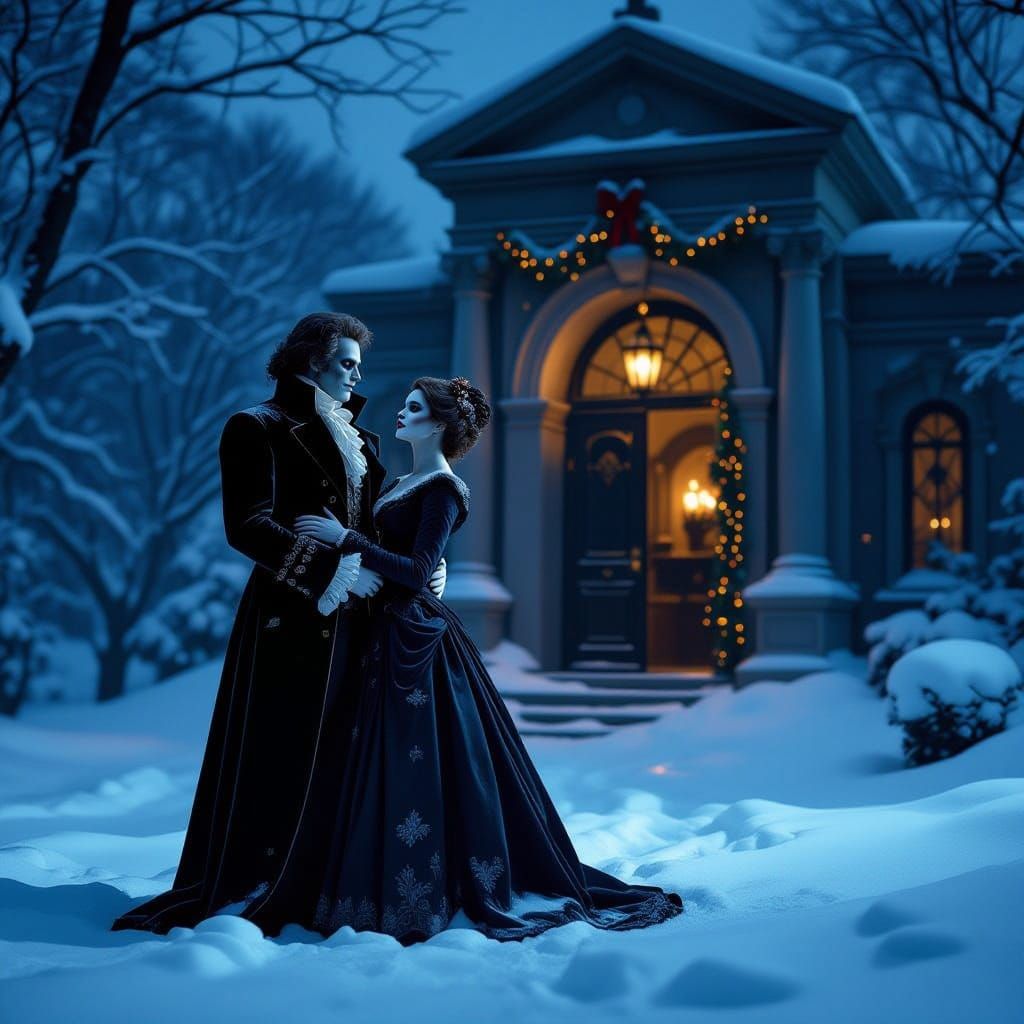 Gothic Aristocrat and Zombie Bride in Snowy Mausoleum