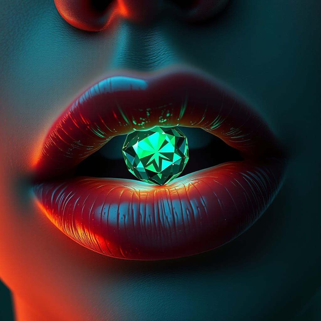 Emerald Gemstone Glows on Luxurious Lips in Ethereal Light