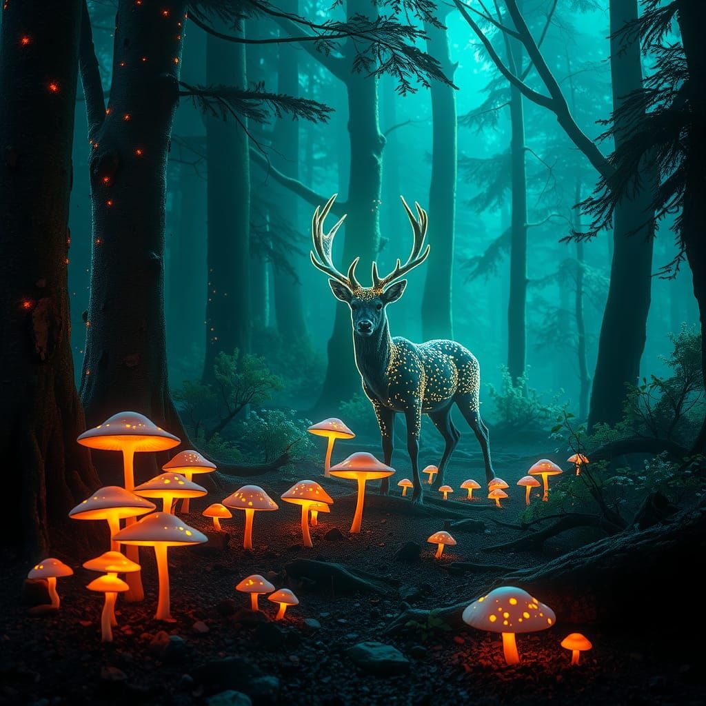 Mystical Glowing Stag in Bioluminescent Mushroom Forest