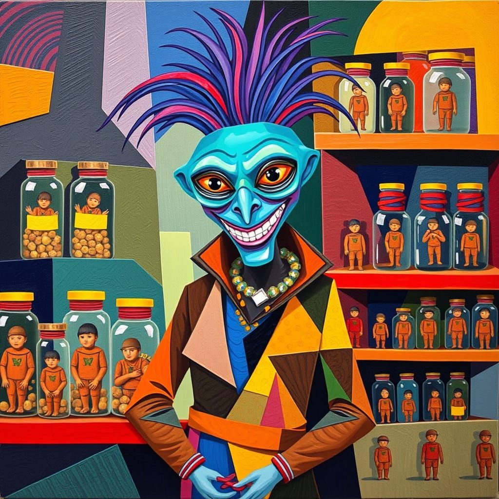 Alien Vendor at Market Stall in Cubist Style