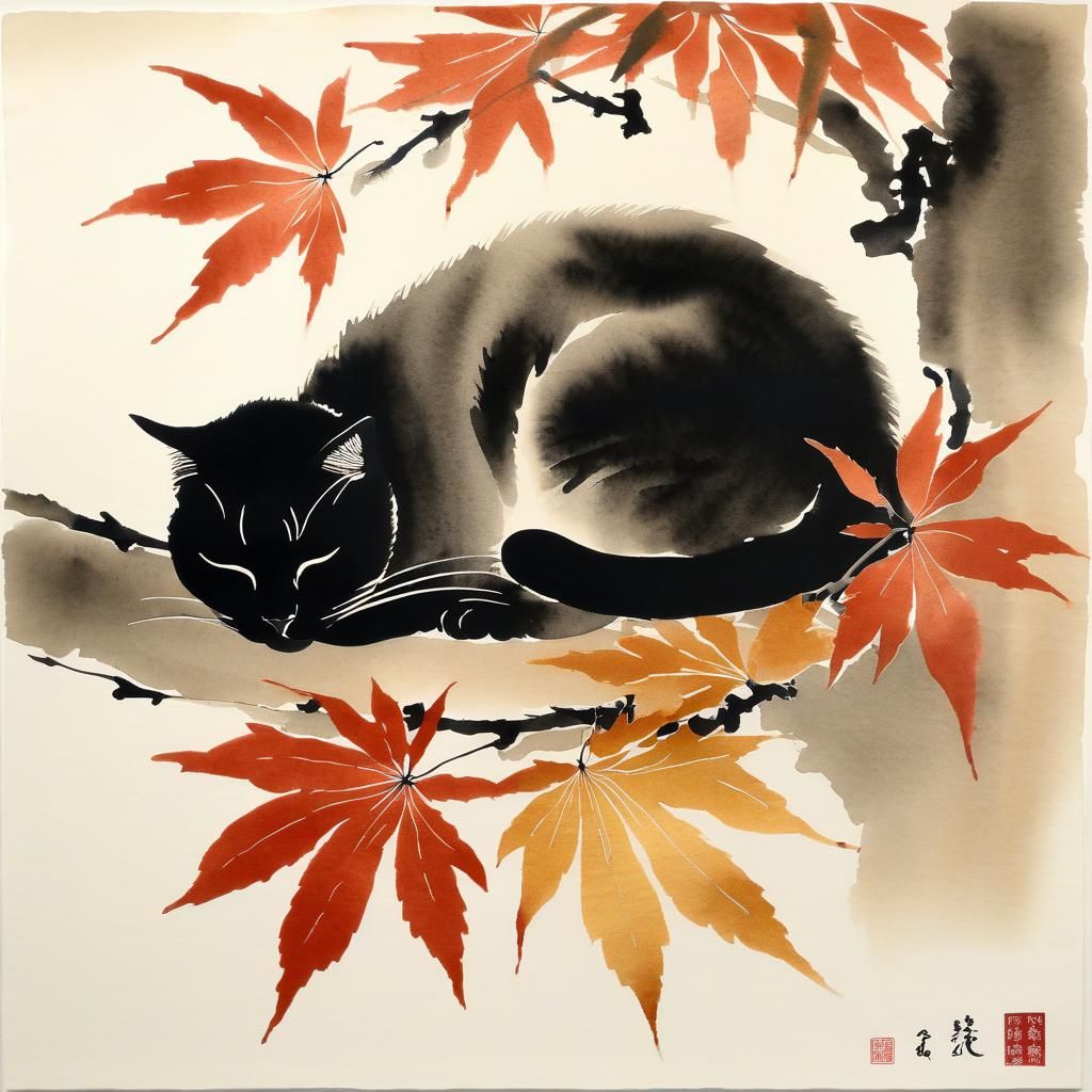 Sleeping Cat: Sumi-e Ink Wash Painting