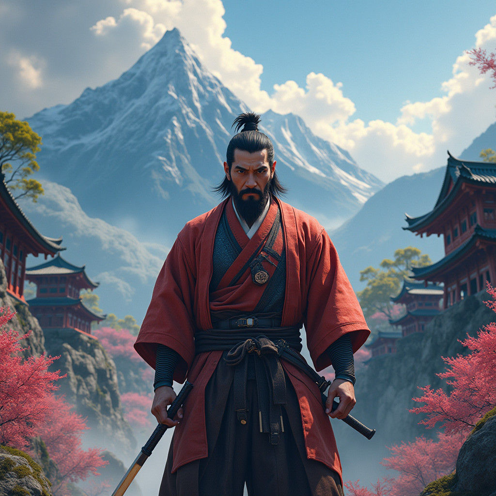 Samurai with Katana in Cyberpunk Landscape