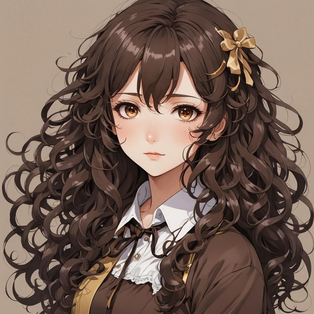 Anime Girl Portrait with Brown Curly Hair