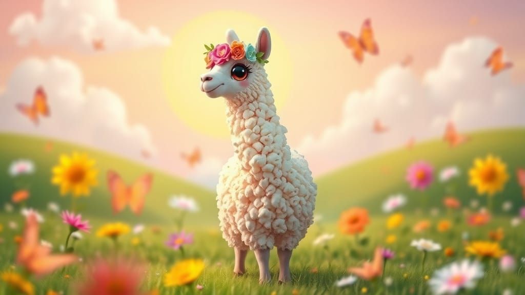 Popcorn Llama in Pastel Meadow, Whimsical Art