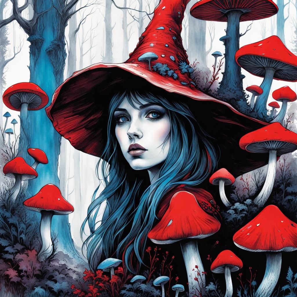 Young Witch in Bioluminescent Mushroom Forest