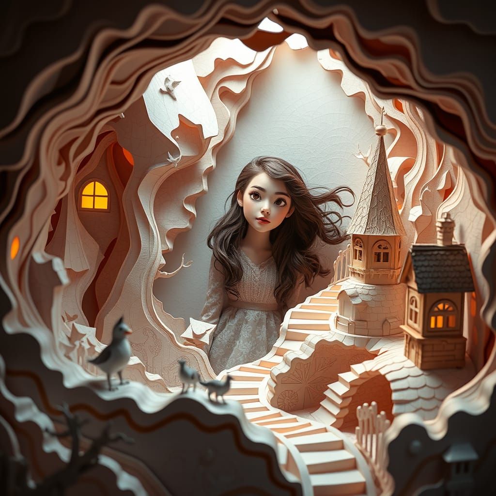 Stunning Woman Explores Intricate Papercraft World