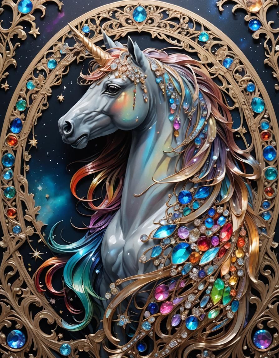 Rainbow Crystal Unicorn in Art Nouveau Style