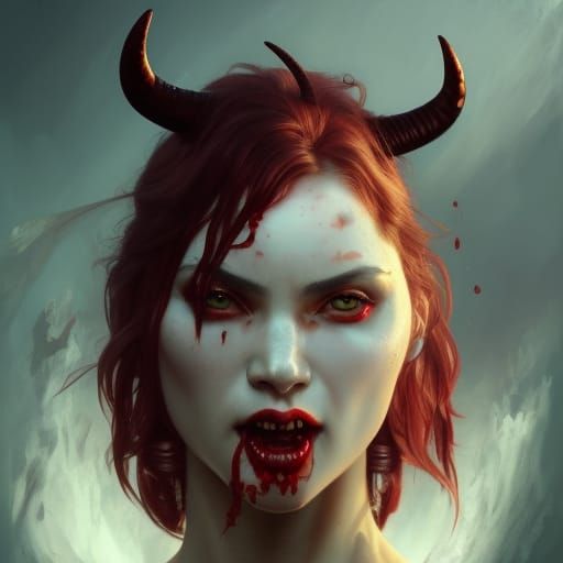Detailed Portrait of a Red-Skinned Female Devil
