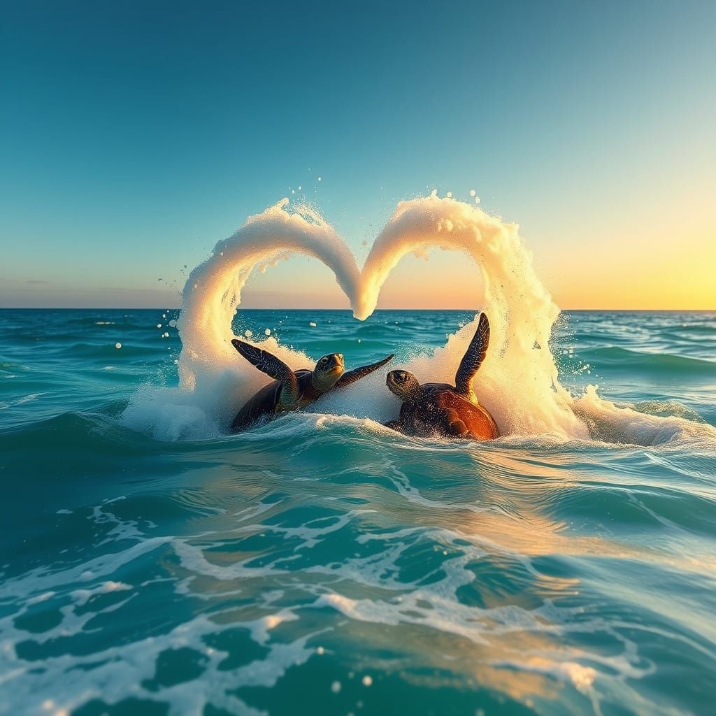 Majestic Green Sea Turtles Leap from Turquoise Water, Creati...