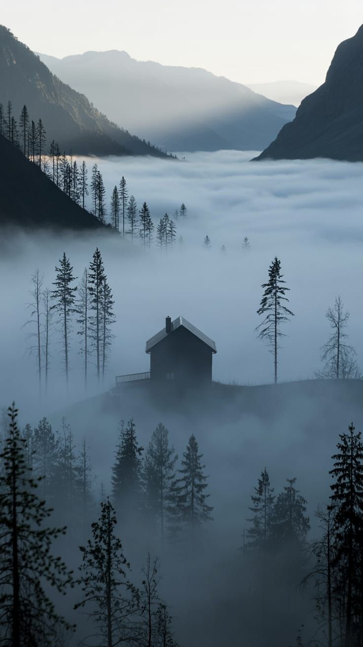 Minimalist House Silhouette in Foggy Valley