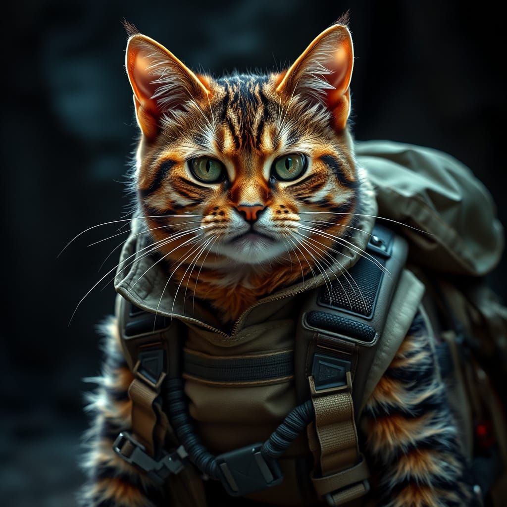 Hyperrealistic Tomb Explorer Cat in Tactical Vest