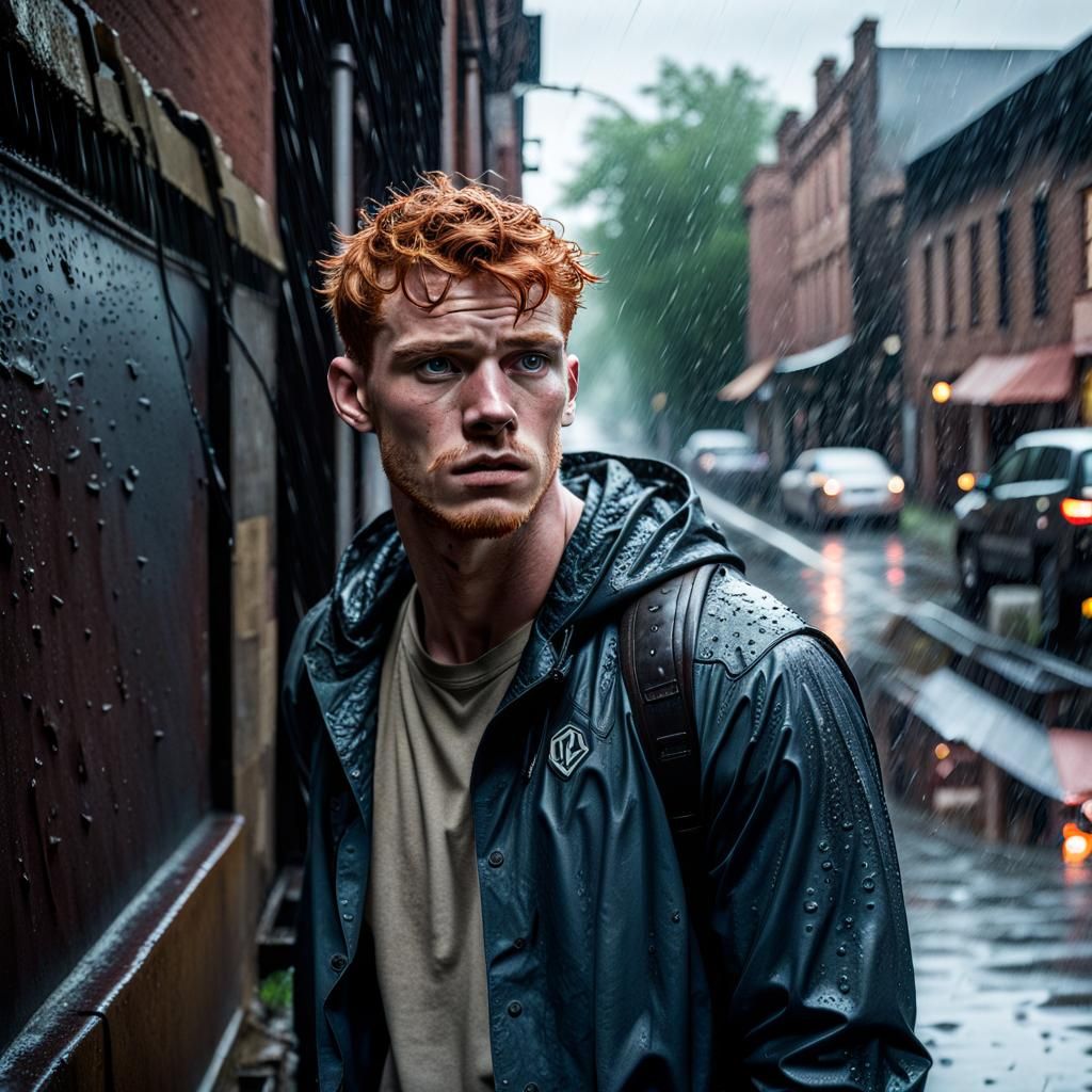 Hyperrealistic Frat Boy in Rainy Urban Scene
