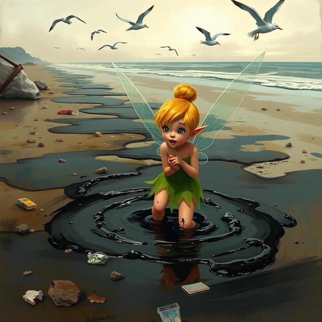 Distressed Tinkerbell in Oil Spill, Digital Art