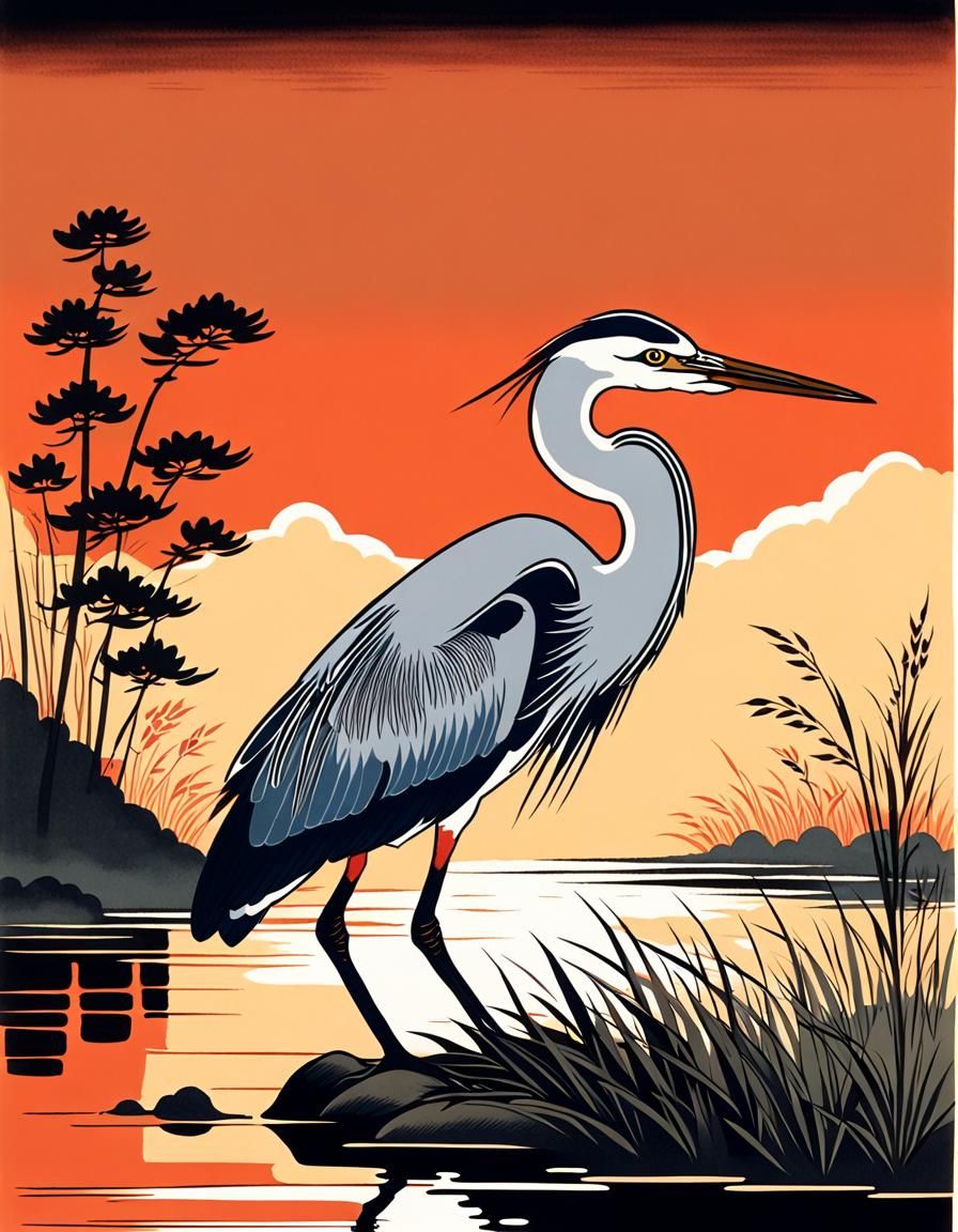 Heron in Marsh at Sunset in Ukiyo-e Style