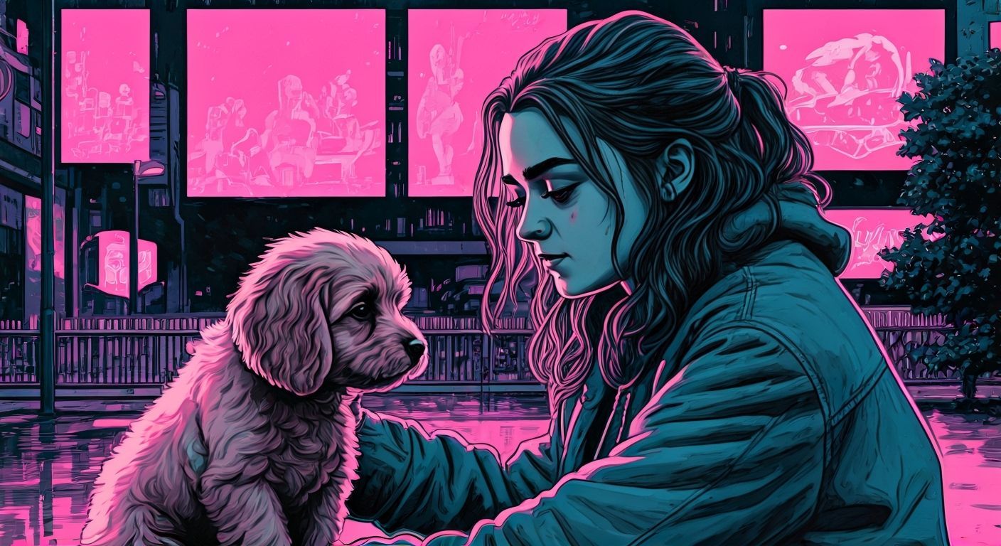 Maisie Williams as Ashildr with Cockapoo in Cyberpunk City
