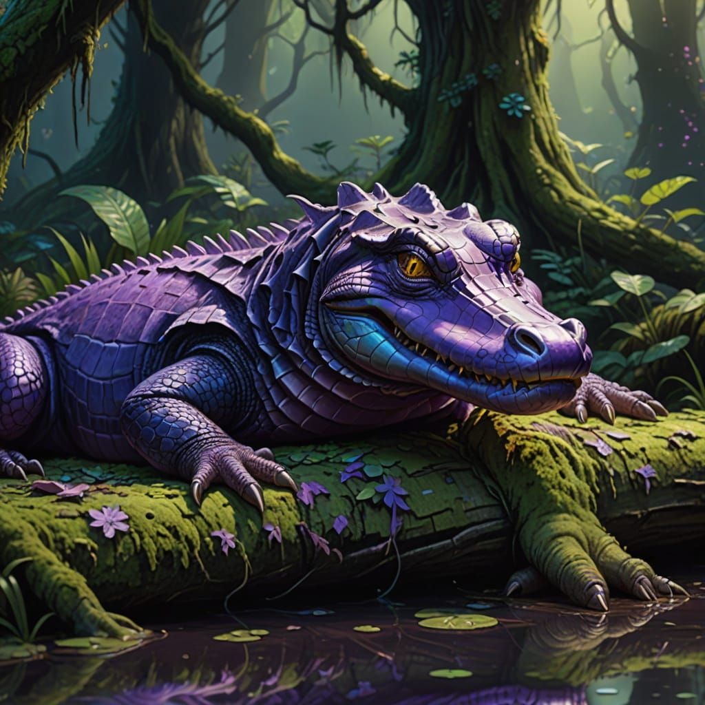 Vibrant Purple Alligator Rests on Mossy Log