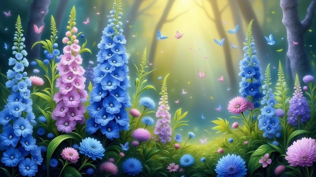 Delicate Blue Delphiniums in a Whimsical Garden Scene