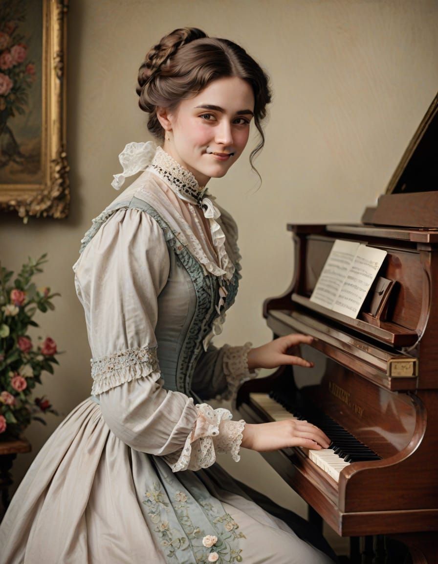 Victorian Lady Plays Piano with Shy Smile