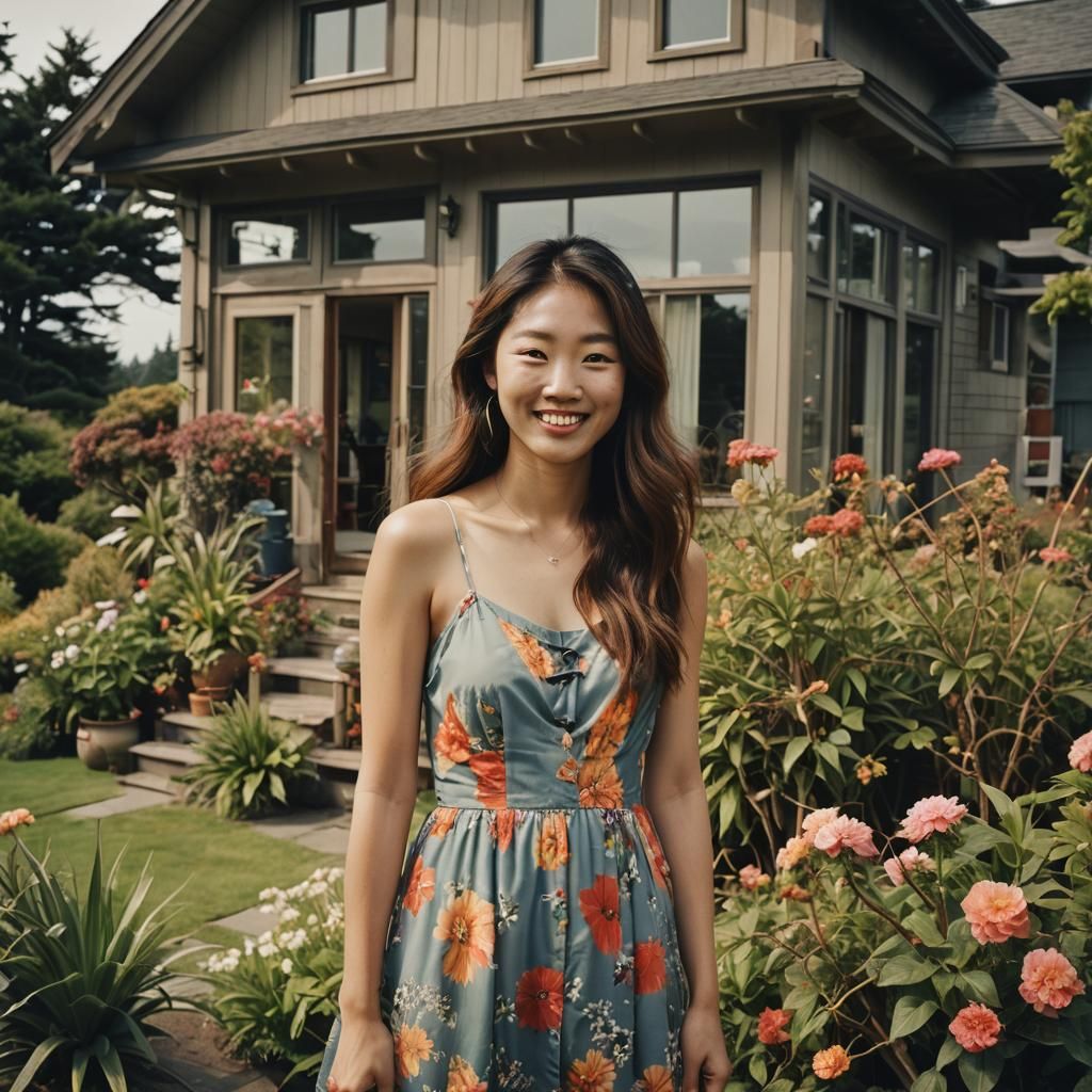 Korean Woman at Modern Beach House, Cinematic Still