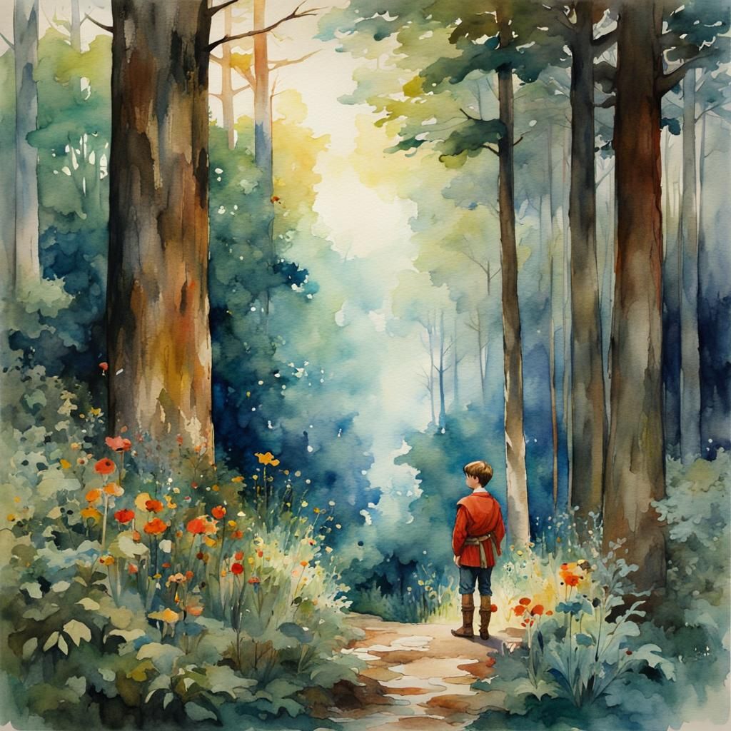 Boy Prince in Forest Watercolor Illustration