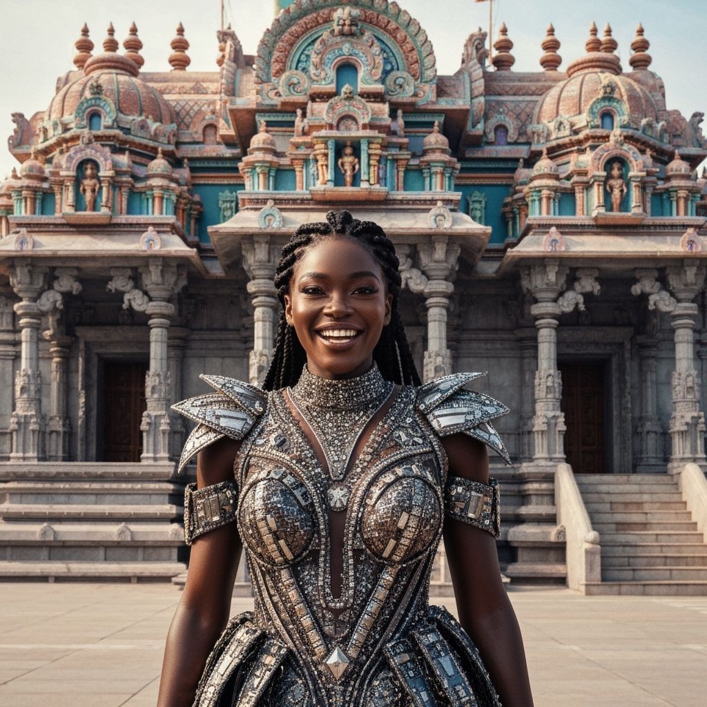 Futuristic Couture: Woman with Radiant Smile in Ornate Templ...