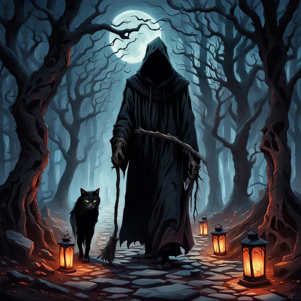 Grim Reaper and Cat in Dark Fantasy Art