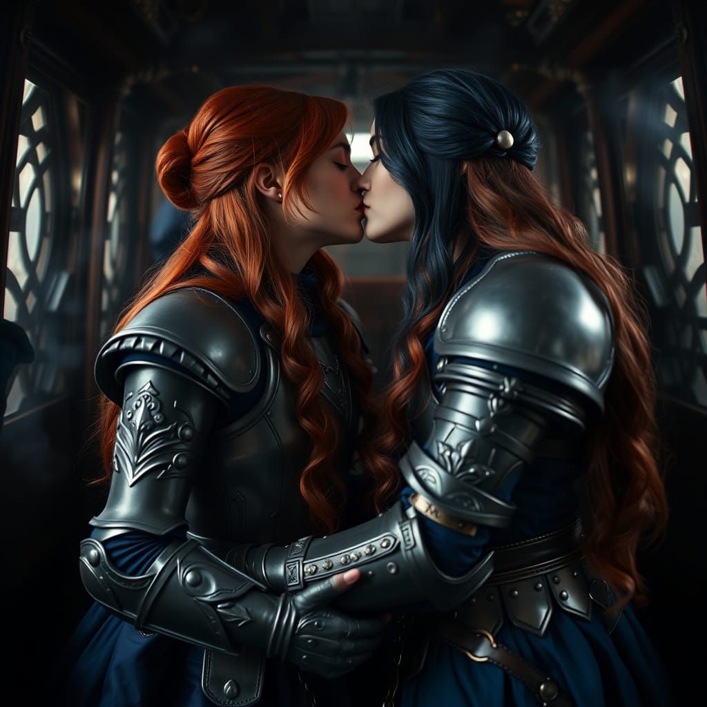 Elegant Knights Share a Romantic Moment in a Cozy Carriage