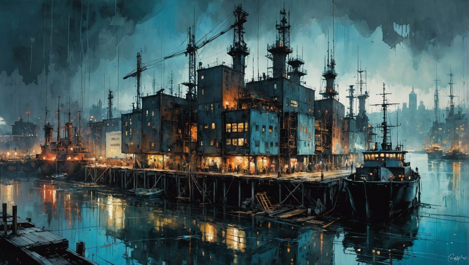 Cyberpunk Metropolis Harbor in Watercolor Art Style